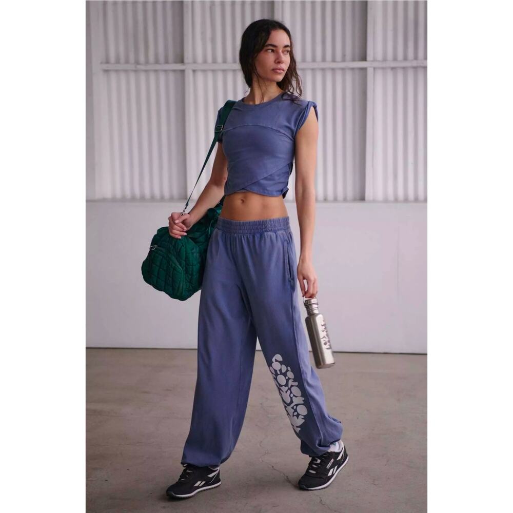 Free People Blue Track Joggers with White Floral Graphic